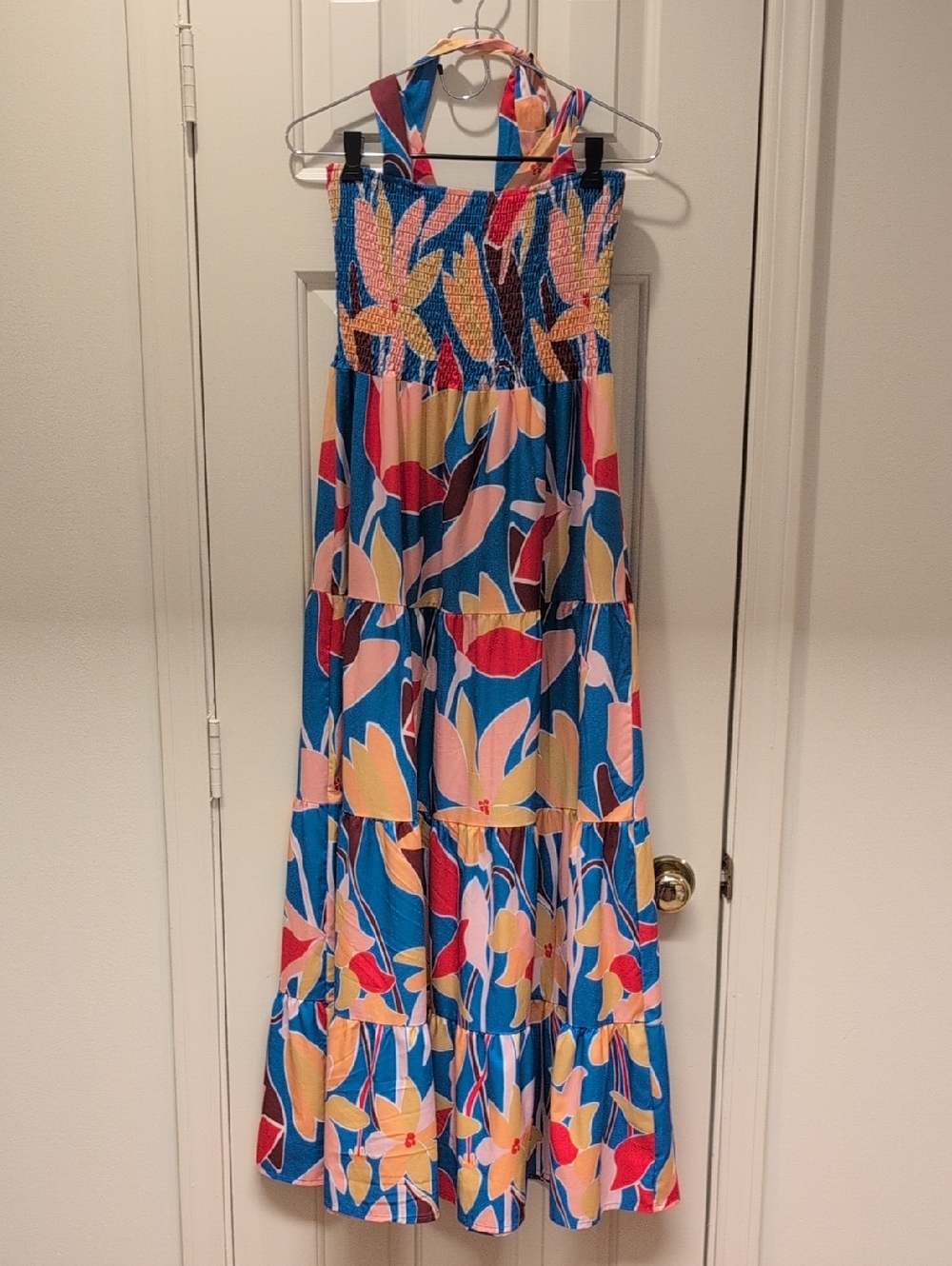 Blue Floral Tiered Sundress with Pink and Yellow Accents With Tie Straps